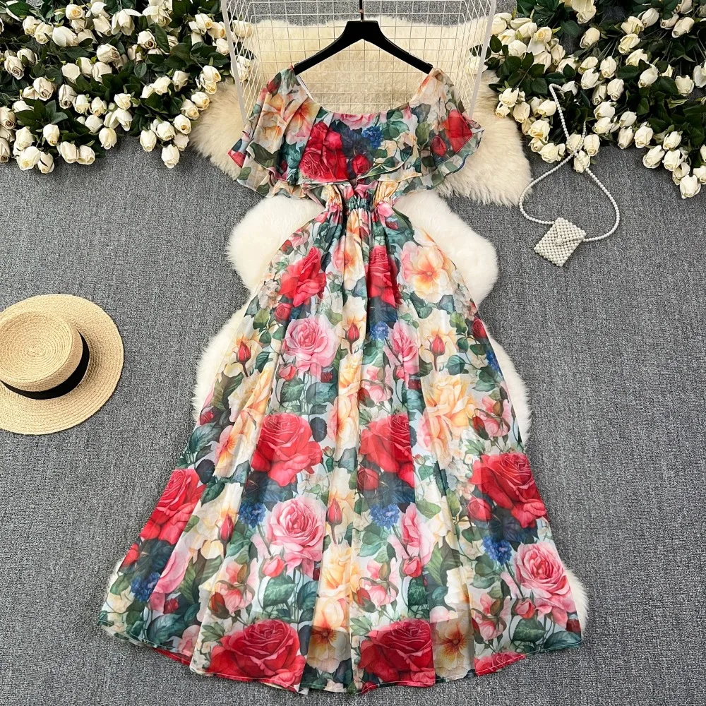 Retro Elegant  off shoulder Ruffle Print chiffon Dress korean fashion A-line Casual High Waist Women summer Beach dresses