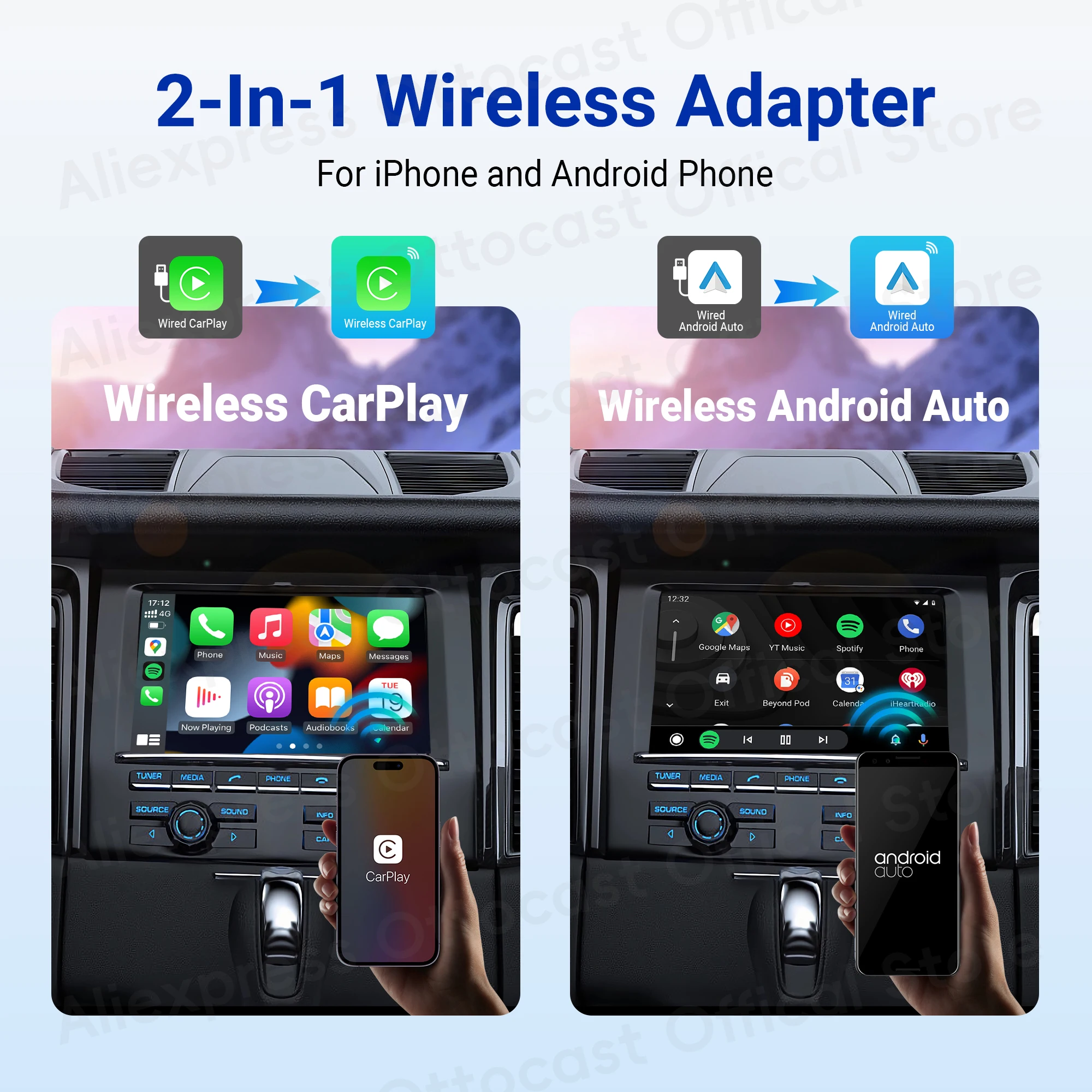 OTTOCAST adaptor mobil TV Mate C4, nirkabel Android Auto CarPlay mendukung untuk input HDMI konverter Video untuk stik TV konsol Game