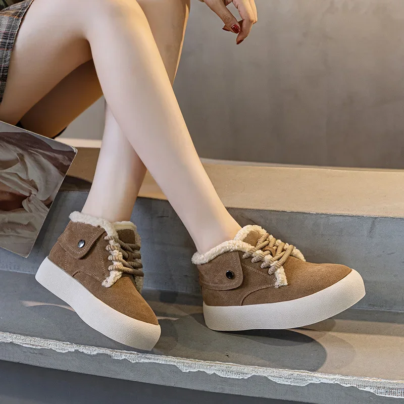 2024 invierno nuevos zapatos cálidos de cachemira para mujer Retro esmerilado suela gruesa moda Casual con cordones zapatos de algodón