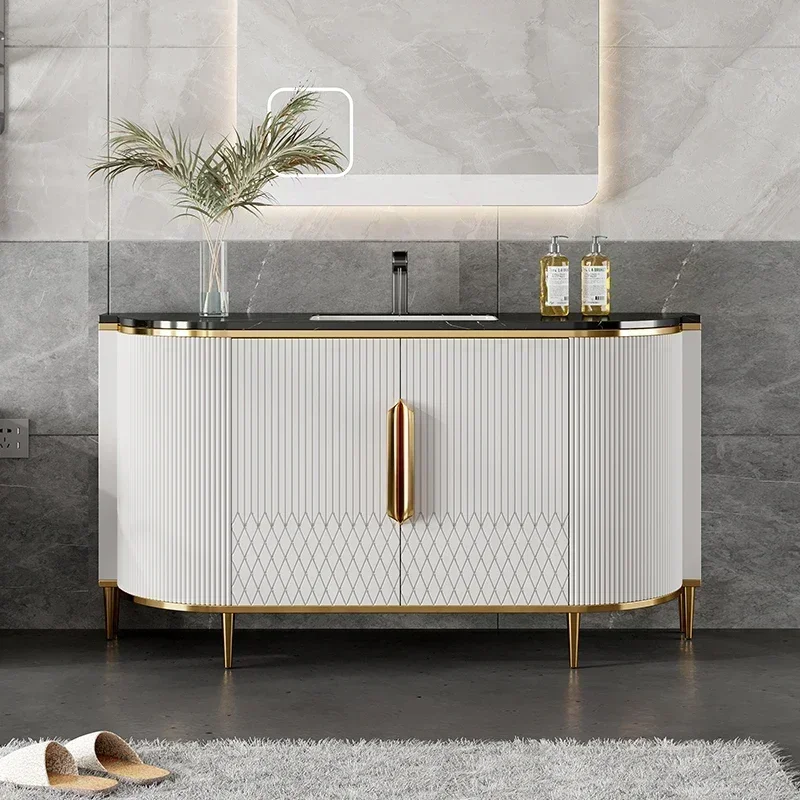 Light Luxury Bathroom Cabinet Solid Wood Modern Minimalist Floor Bathroom Wash Basin Cabinet Combination