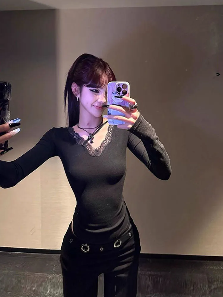 Black Sexy Back Hollow Out Women's T-shirt Goth Long Sleeve Slim 2000s Clothes Y2k Tees Female Clothing Autumn Tops Chic