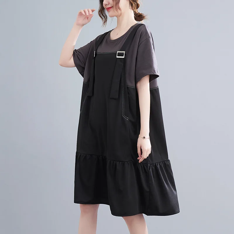 160Kg Bust 160 Large Size Women\'s Summer New Loose Short Sleeve Fake Two Piece Strap Dress Black 6XL 7XL 8XL 9XL 10XL