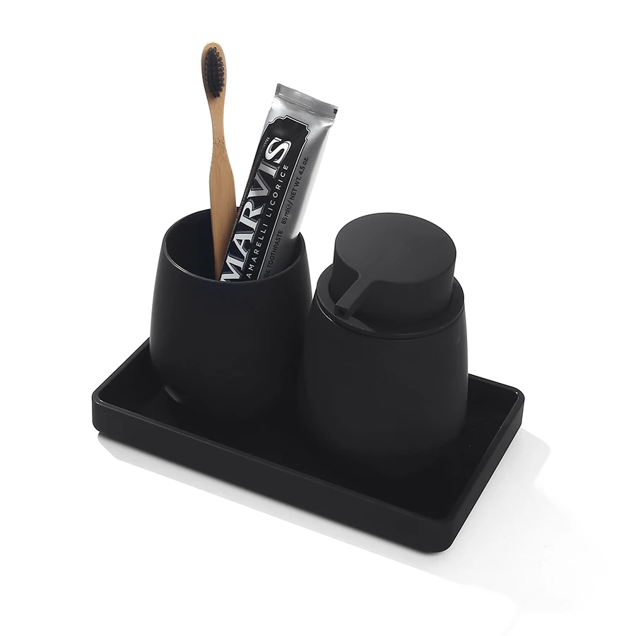 5-Piece Matte Black Bathroom Accessory Set - Includes Trash Can, Soap Dispenser,Toothbrush Holder,Tray, and Toilet Brush.Bathroo