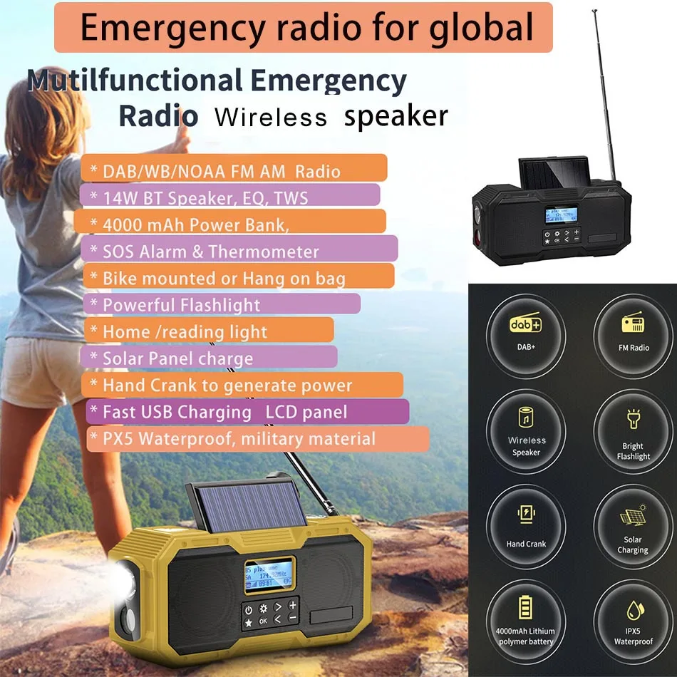 Ipx6 Waterproof Radios Speakers Wireless Bt Solar DAB+ AM Fm high quality DAB+ AM-Fm Radio With Hand Crank Power