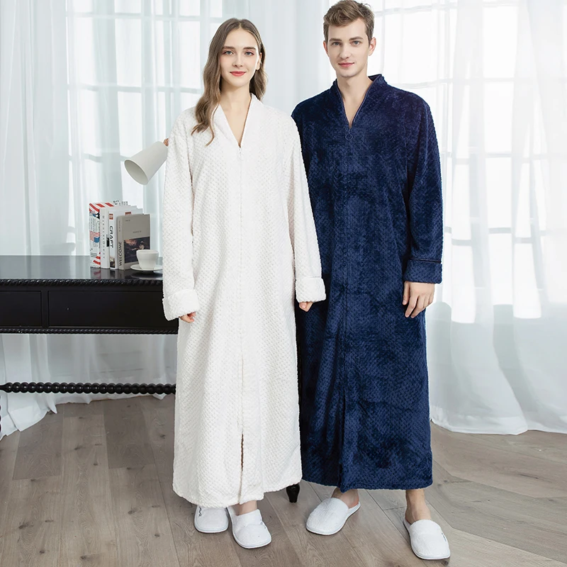 Women Extra Long Thermal Jacquard Flannel Bathrobe Winter Warm Plus Size Zipper Bath Robe Pregnant Dressing Gown Men Sleepwear