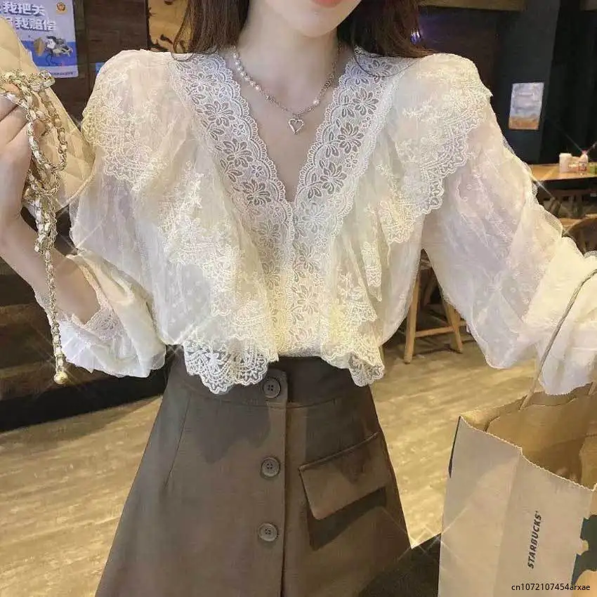 Blouses Women Elegant Retro Hollow Out Design Chic Korean Vintage Office Ladies V-neck Blouse New All-match Summer Femme Clothes