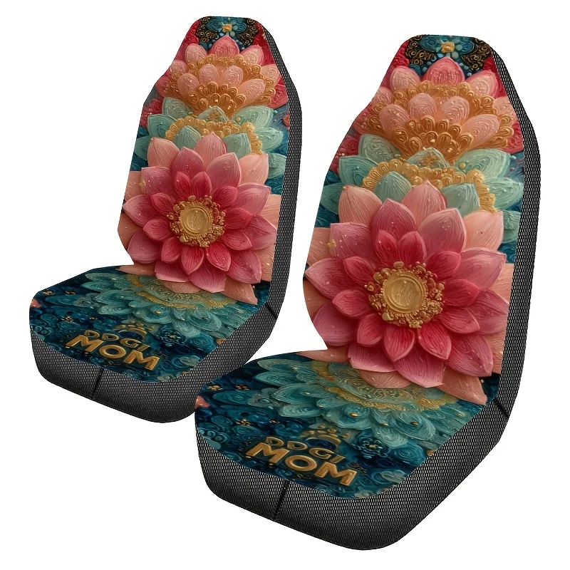 Two Pieces Of Bohemian Style 3D Embossed For Lotus Flower Printed Universal Car Seat Covers, Easy To Clean, Suitable For Both Me