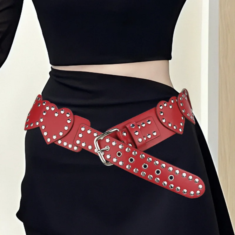 

Western Red Ins Heart Design Rivet Wide Women Waistband Belt Fashion Y2K Jeas Dress Punk Belt for Ladies