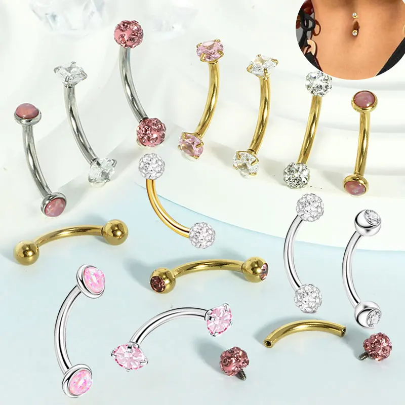 

50 шт./лот, 14 г, изогнутое кольцо для пупка с цирконием и внутренней нитью, штанга для пупка, спираль, козелок, пирсинг, ювелирные изделия для женщин