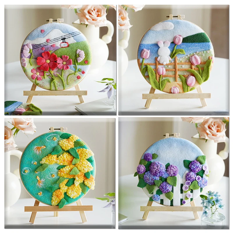 CHENISTORY DIY Wool Felting Painting With Embroidery Frame Creative Flowers Needle Wool Painting Handmade For Home Wall Decor