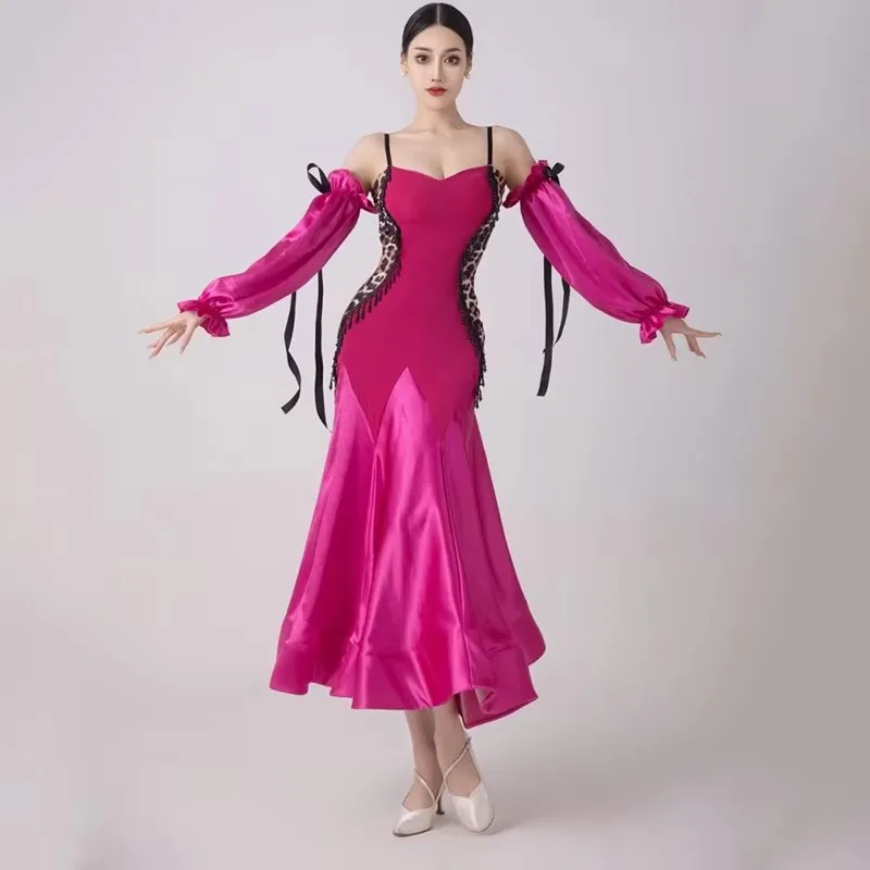 

2024 Ballroom Dance Competition Dress For Women Trumpet Sleeve Rose Red National Standard Dance Waltz Modern Dance Dress DN17364