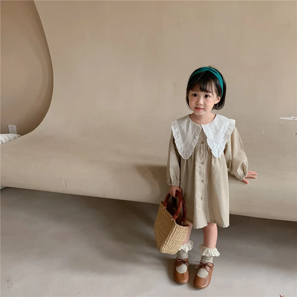 New Girls' Spring Autumn Dress with Korean Style and Trendy Lace, Pointed Neckline, Checkered Solid Color, and Casual Feel