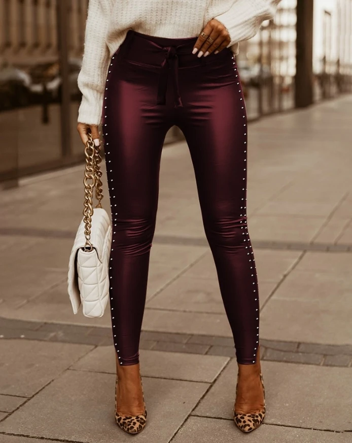 

Women's Pants 2025 Spring New Fashion Studded Decor Tied Detail PU Leather Plain High Waist Casaul Skinny Daily Long Pants