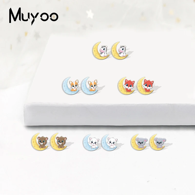 2023 New Fashion Cute Animals on the Crecent Moon Stainless Steel Stud Earrings Handcraft Epoxy Acrylic Earrings