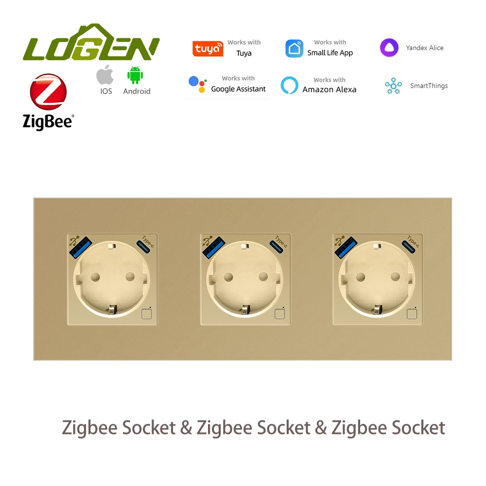 LOGEN Zgibee USB Type-c Socket EU Smart Socket  Glass Crystal Panel Three sockets arranged side by side Need Neutral Wire