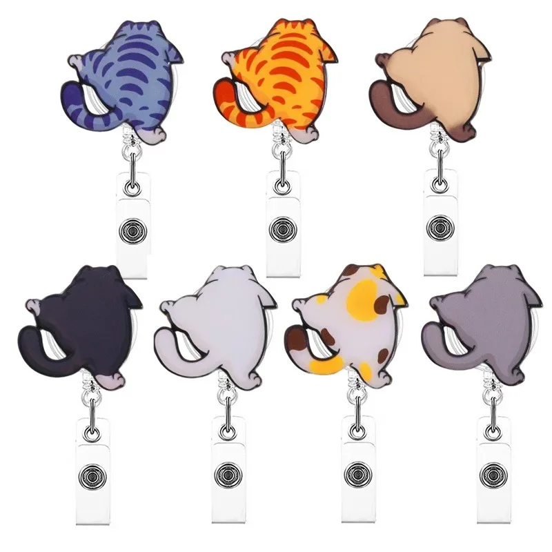 360° Rotate Cute Cartoon Kitten Design Badge Reel Creative Acrylic Alligator Clip ID Holder Retractable Lanyard with Pull Buckle