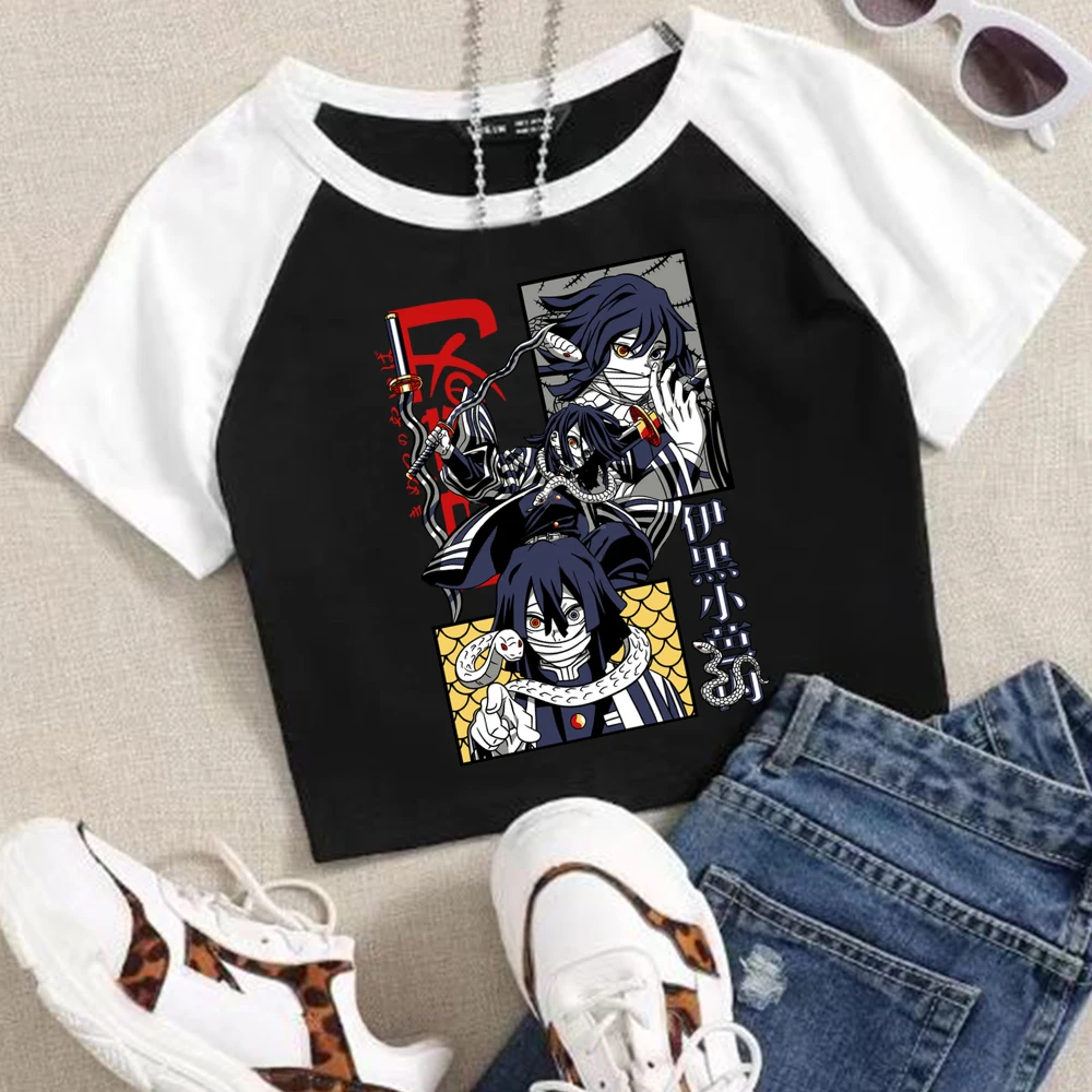 

Anime Demon Slayer Iguro Obanai Crop Tops T-Shirt Girls Fashion Women O-Neck Short Sleeve Fans Gift T-shirt