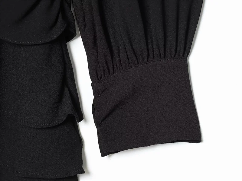 Vestido feminino 2025 outono novo preto manga longa sexy profundo decote em v drapeado em camadas mini vestido elegante e elegante