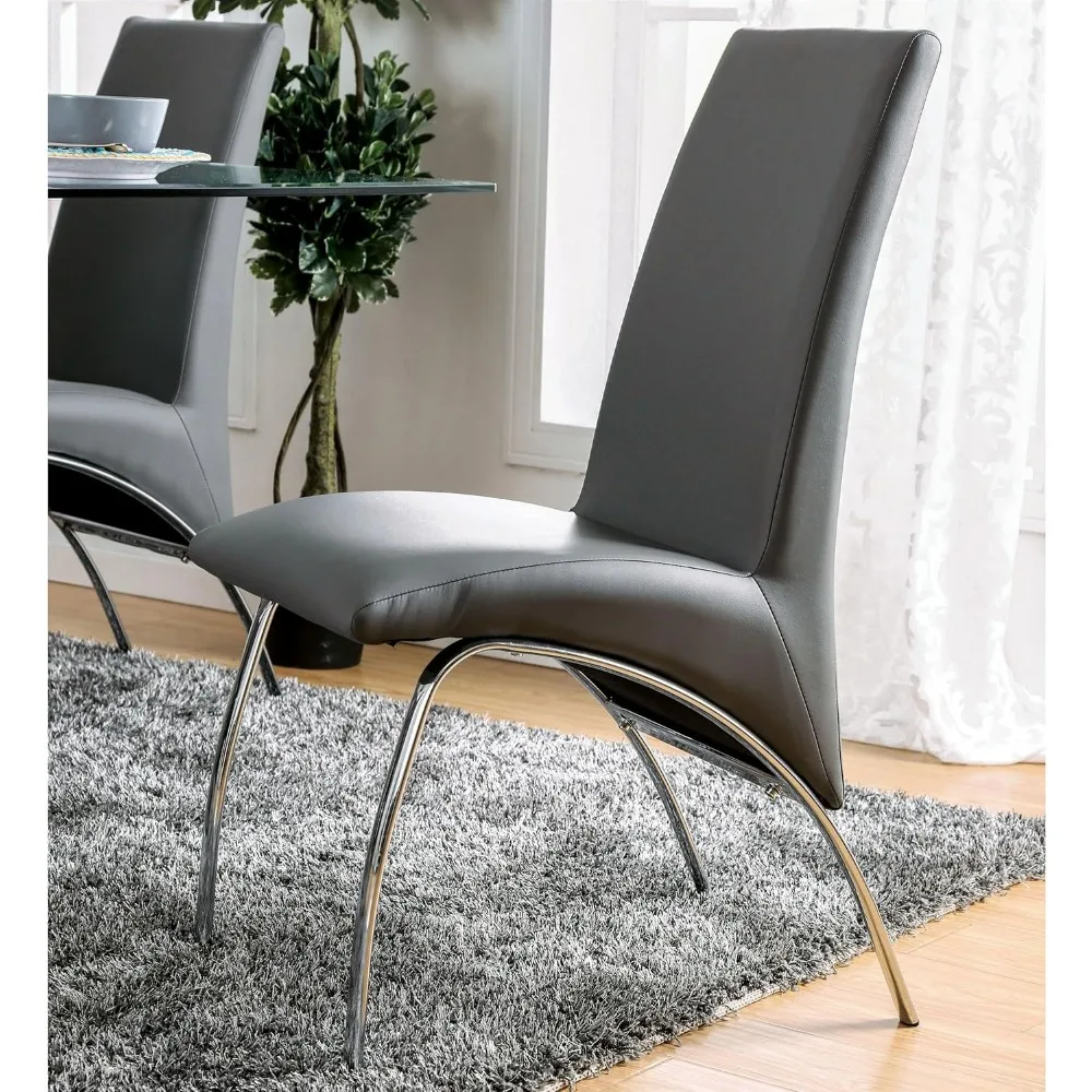 طقم كراسي طعام من الجلد الصناعي باللون الرمادي مكون من قطعتين، حديث ومريح، مثالي لغرف الطعام المعاصرة