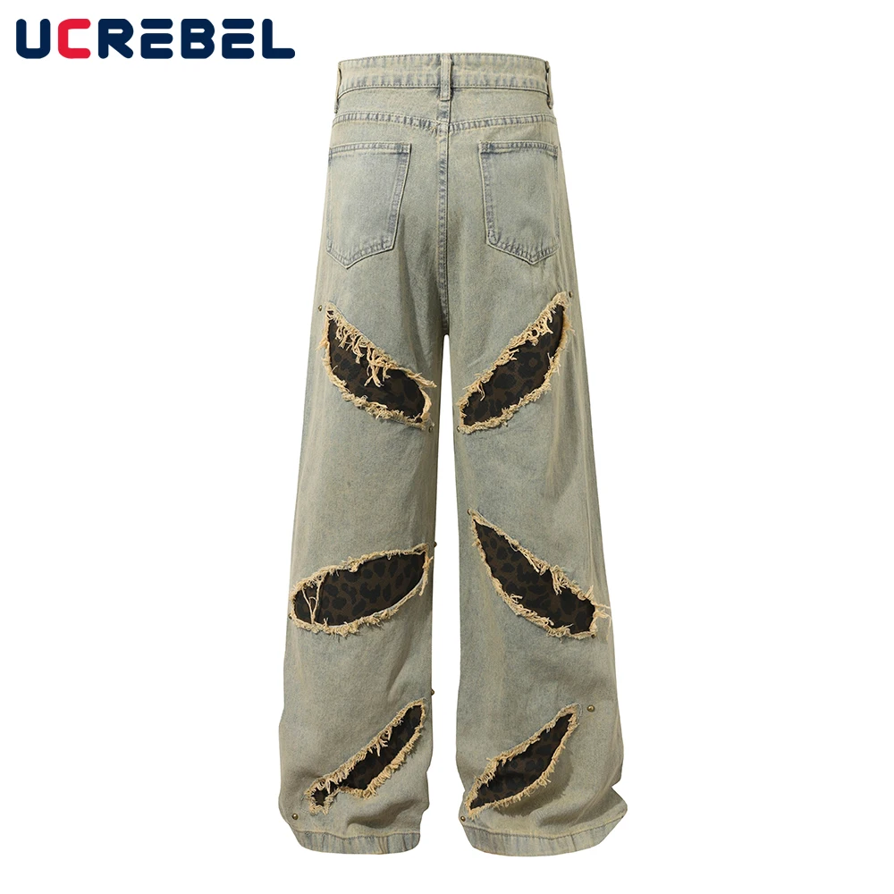 Leopard Print Patch Jeans Mens with Rivets Hip Hop High Street Washed Distressed Baggy Wide Leg Raw Edge Spliced Denim Pants Men