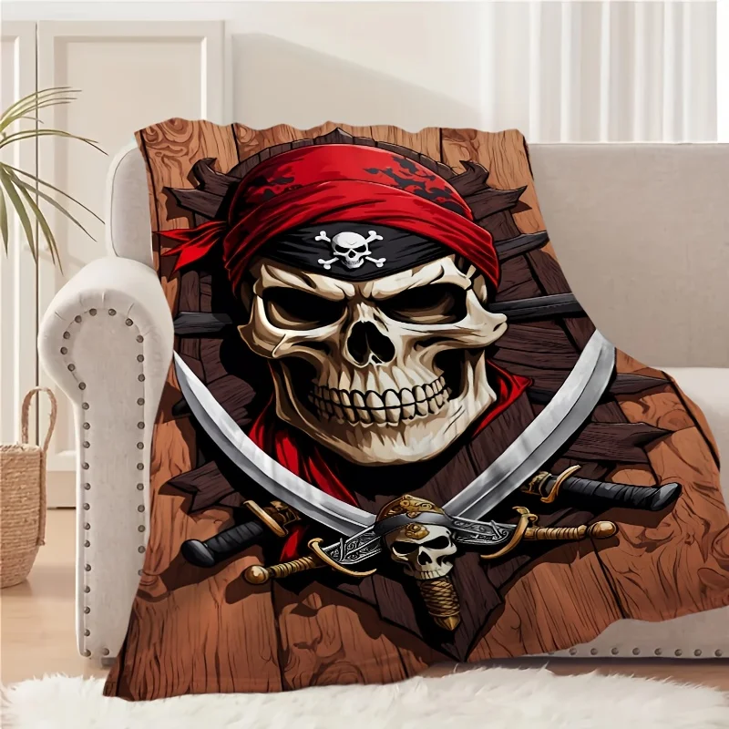 Pirate Skull Crossed Swords Flannel Blanket Soft Vintage Nautical All Seasons for Camping Sofa Travel Horror Fan Gift