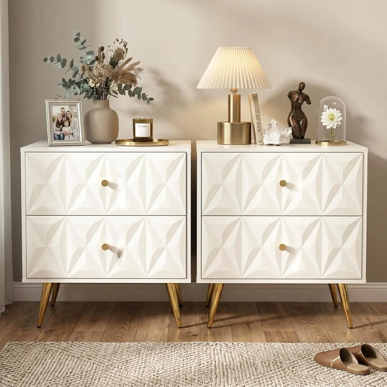 White & Gold Nightstand Set of 2 with Diamond Pattern Drawers & Gold Handle Legs for Bedroom, Customized