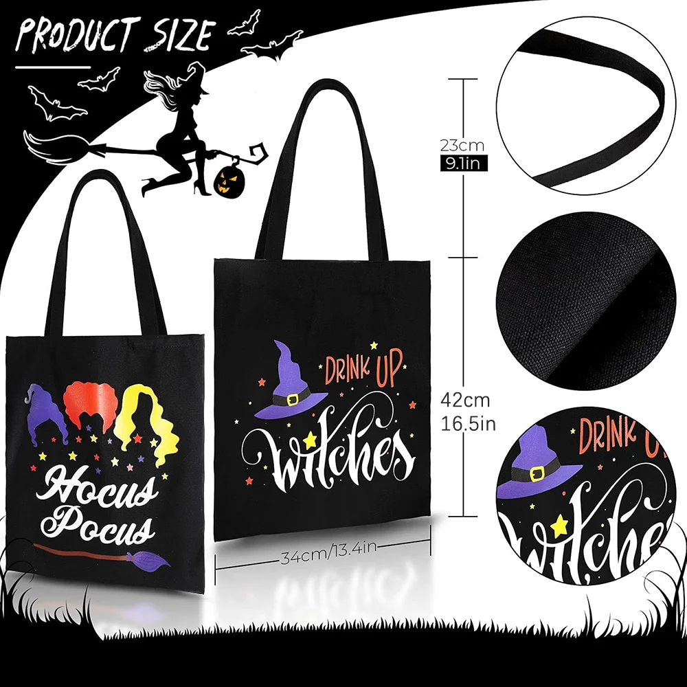 Halloween Canvas Tote Bags Hocus Pocus Witch Theme Shopping Bag with Handle Candy Grocery Bag Trick or Treat Bag Party Favor