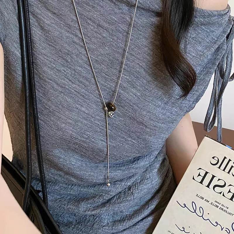 Necklace Tiger Eye Flower Heart Drawstring Unique Vintage Retro Premium Quality Women Sweater Chain Autumn Winter