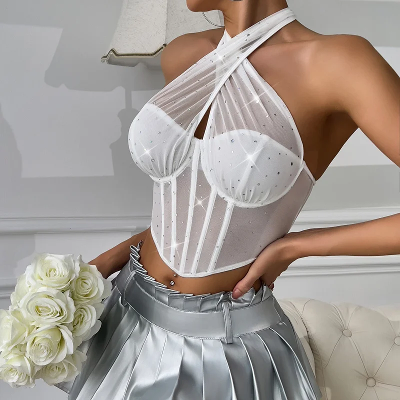 

Sexy Sheer Patchwork Mesh Lace-Up Halter Neck Fishbone Underwire Diamond Top for Women