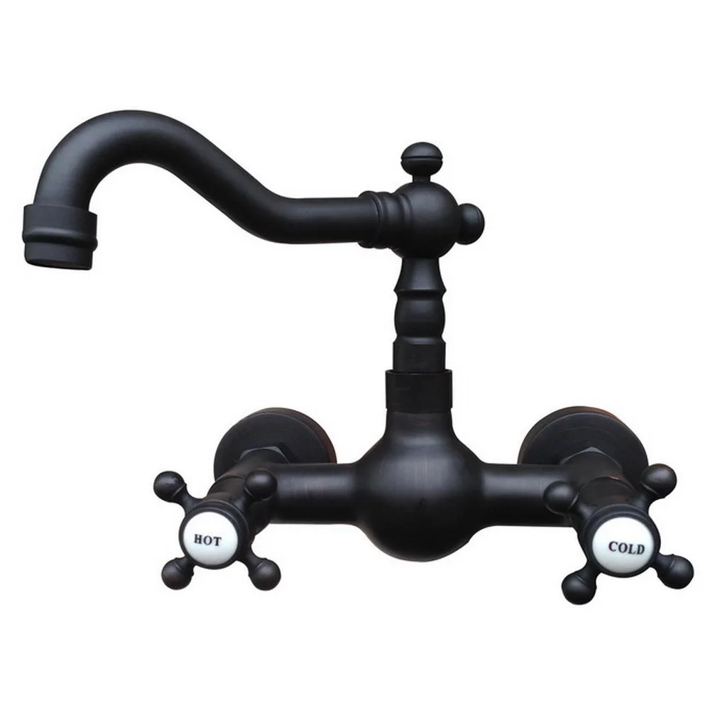 

Black Oil Rubbed Bronze Swivel Spout Bathroom Basin Faucet / Two Hole Wall Mounted Dual Cross Handles Mixer Taps tnf524