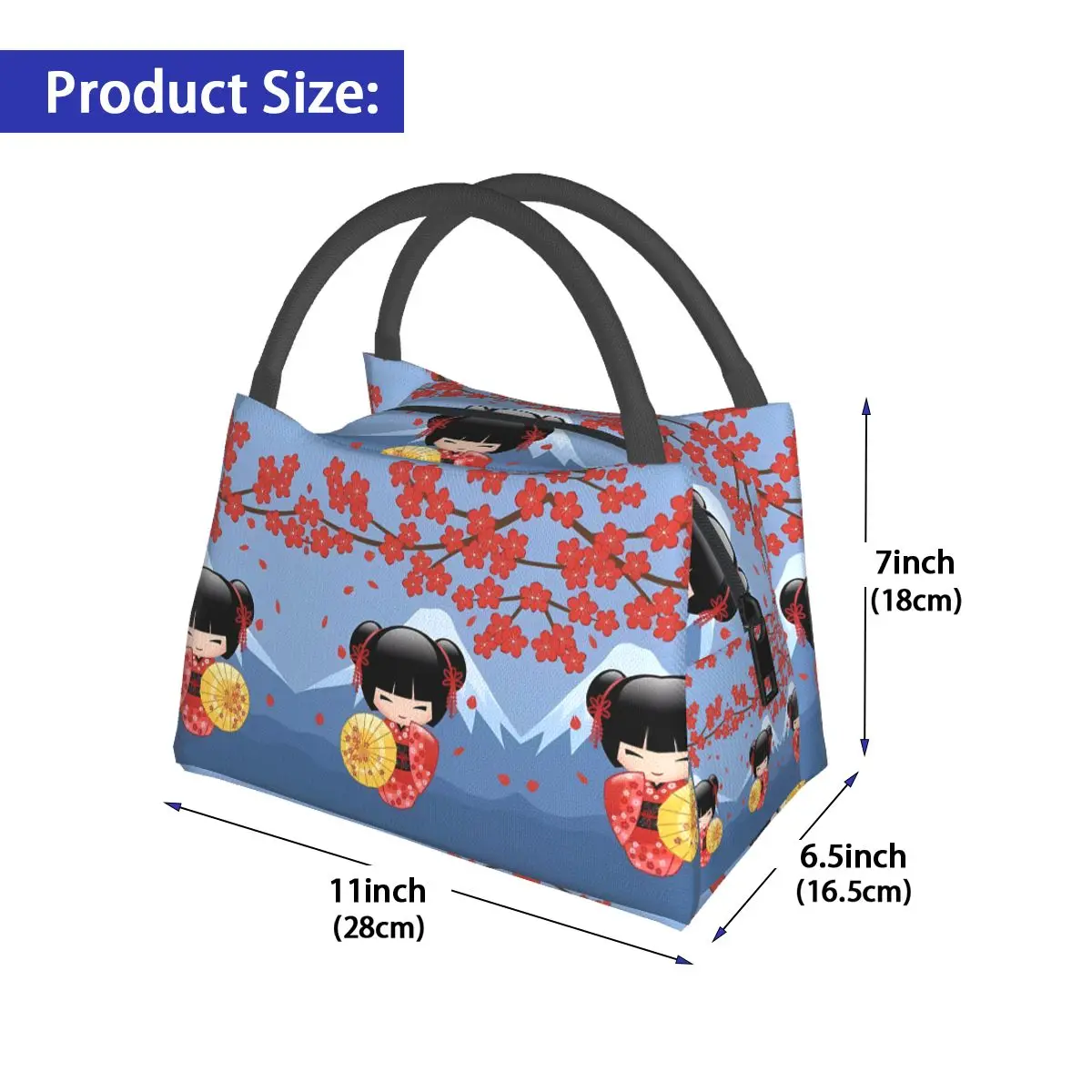 Cute Girly Lunch Bag Cherry Blossom Kokeshis Fun Lunch Box Travel Portable Zipper Thermal Lunch Bags Graphic Cooler Bag