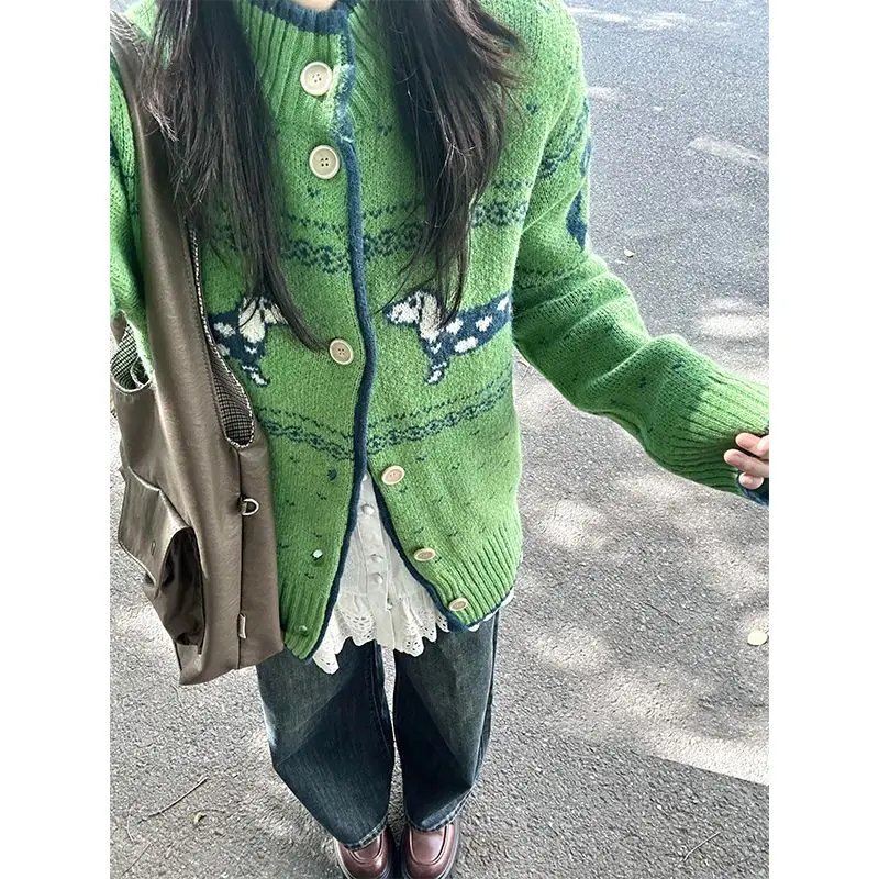 

Deeptown Vintage Korean Style Knitted Cardigan Women Harajuku Y2k Cartoon Sweaters Autumn Winter Green Long Sleeve Cardigans