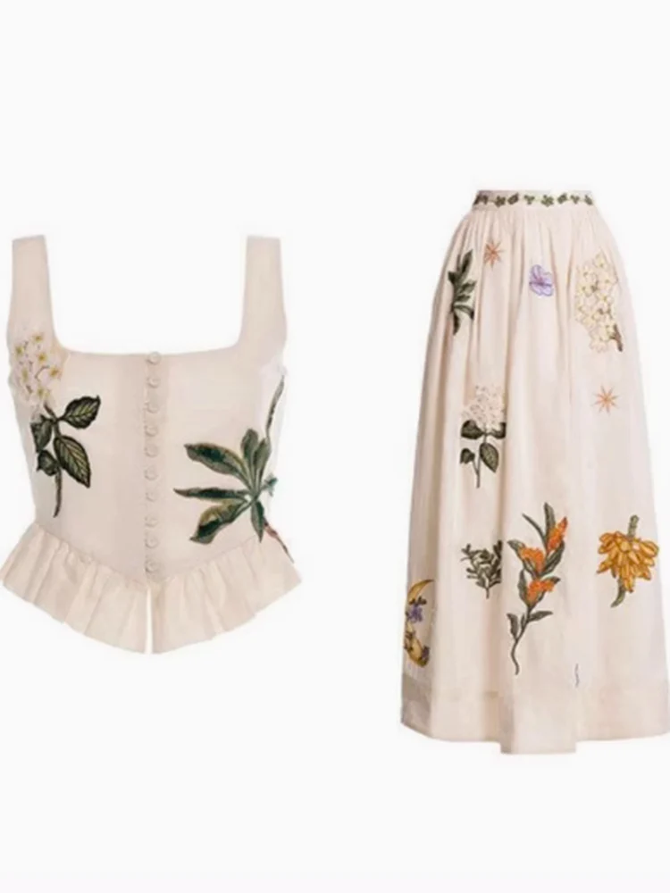 Elegant Floral Embroidery Top Half Skirt Two-Piece Set Summer 2025 Romantic Atmosphere French Style Polyester Fiber Women's Wear