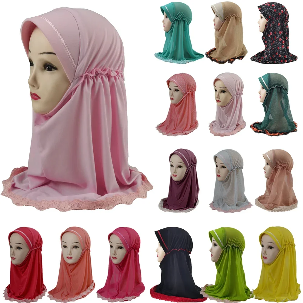 2-6 Years Kids Girls Instant Scarf Muslim Hijab Overhead Shawls Wrap Turban Pull On Ready Made To Wear Islamic Headscarf Hat Cap