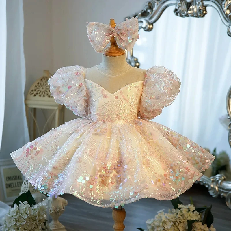 

Children Clothing Baby Girl Puffy Gauze Dresses Birthday Elegant Princess Prom Dress for Kids Sequin Long Sleeve Ball Gown