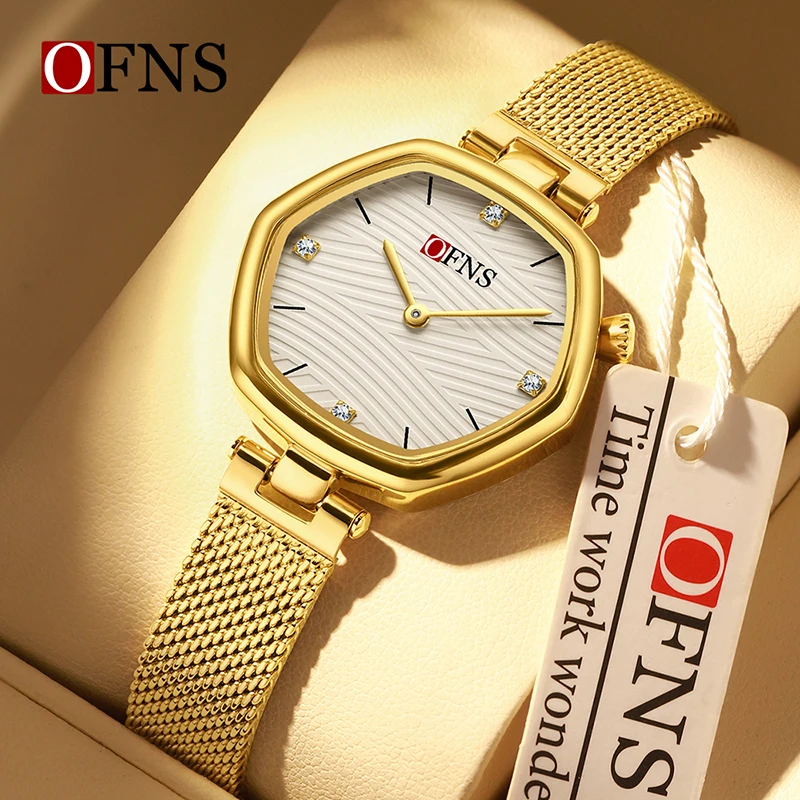 

Новые модные женские кварцевые часы OFNS2026 с волнообразным узором и циферблатом, инкрустированным бриллиантами, толщиной 7 мм, водонепроницаемые до 3ATM.