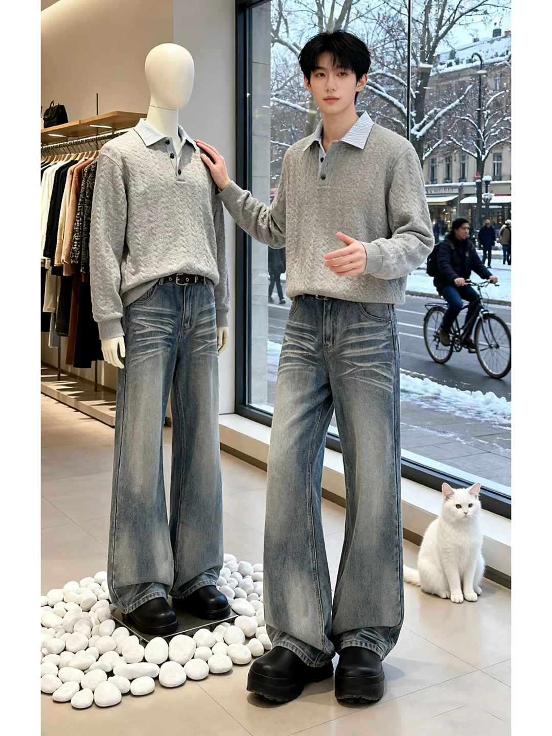 

Blue Thorns Pattern Men's Flared Jeans CleanFit Drapey Wide Leg Pants Casual Cotton Denim mid Waist Zipper Fly Spring Summer