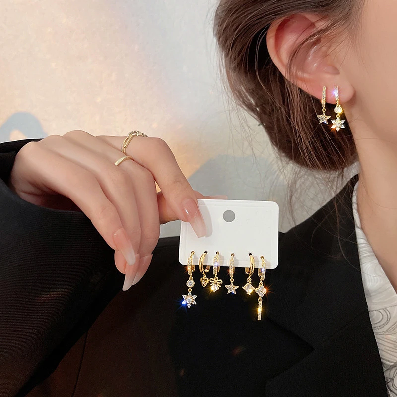 6Pcs/set Versatile Sparking Luxury Hoop Earrings For Women Girls Shiny Fashion Exquisite Hoop Earrings Jewelry Accessories Gifts