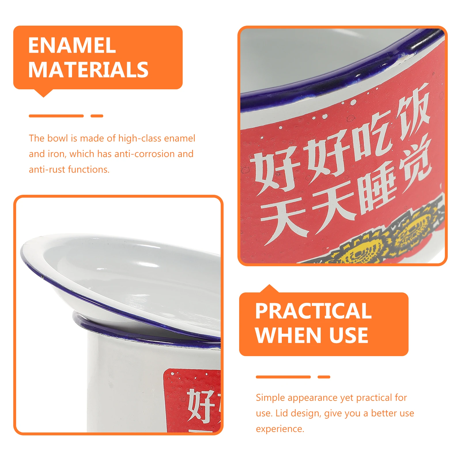 

Enamel Lunch Box Instant Noodle Container Bowl with Handle Vintage Soup Water Cup Large Chinese Lid Enamelware Retro