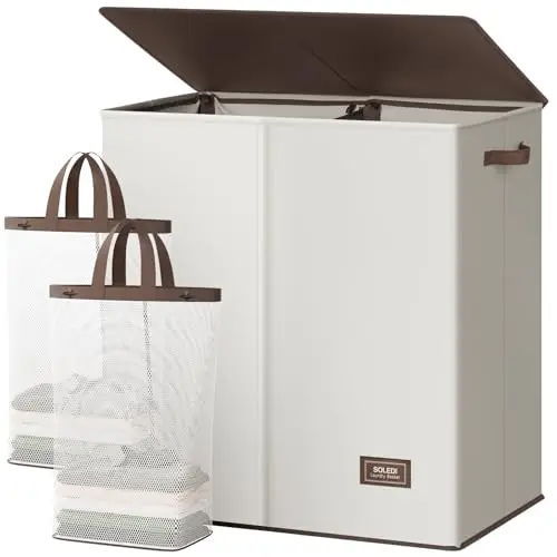 

Большая двойная корзина для белья SOLEDI с крышкой, 165 л, складная, 2 секции, со съемными мешками, экономит место