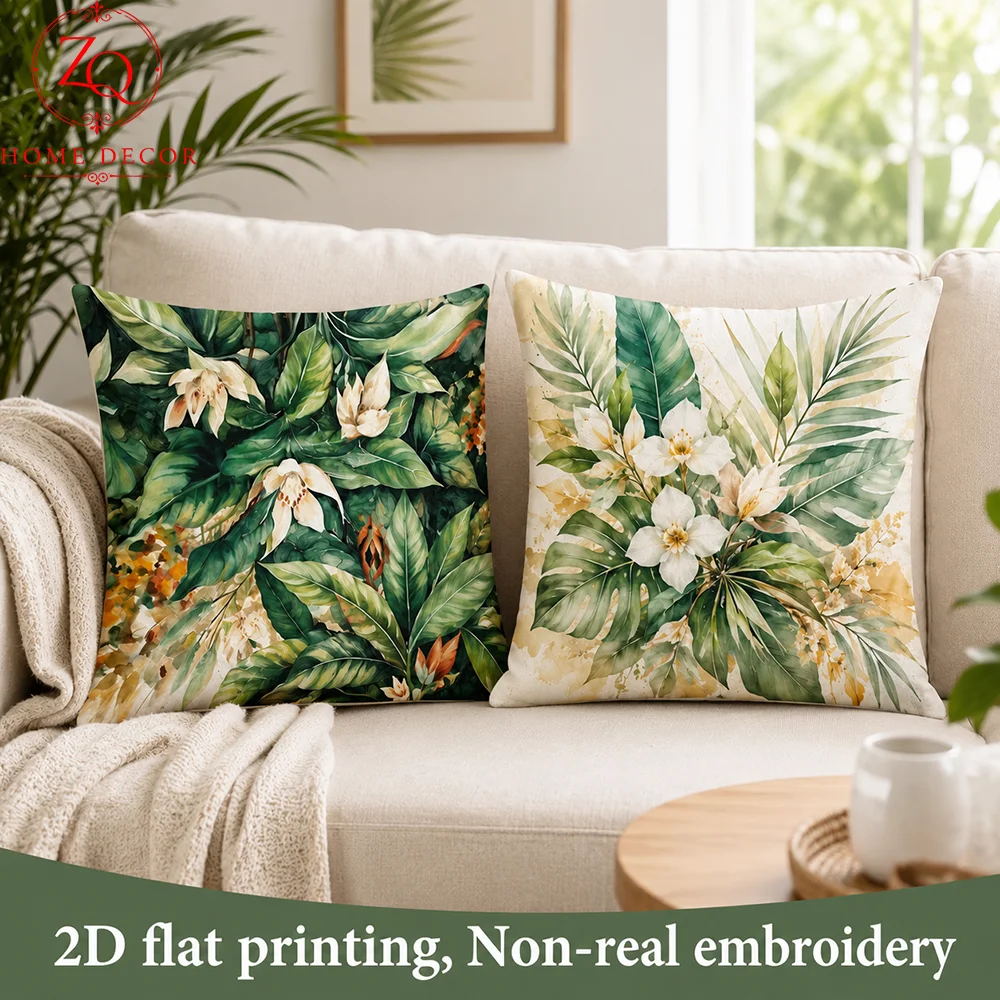 Tropical Plant Cushion Cover Peach Skin 2D Flat Printed Monstera Leaf Pillowcase White Flower Pillow Case Living Couch Bed Sofa