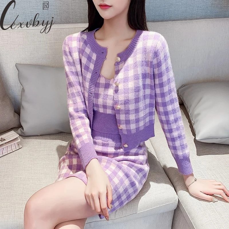 

Women Sweet Plaid Sweater 3 Peice Suits 2023 Korean Fashion Round Neck Cardigans +V-Neck Vest+Mini Skirt Knitted Outfits