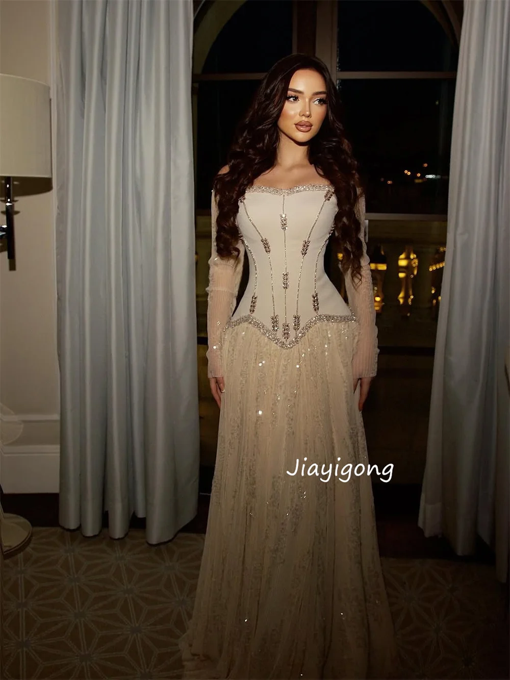Customized Matching Net Pleat Sequined Pattern A-line Off-the-shoulder Long Bespoke Occasion Evening Dresses Pastrol image 2