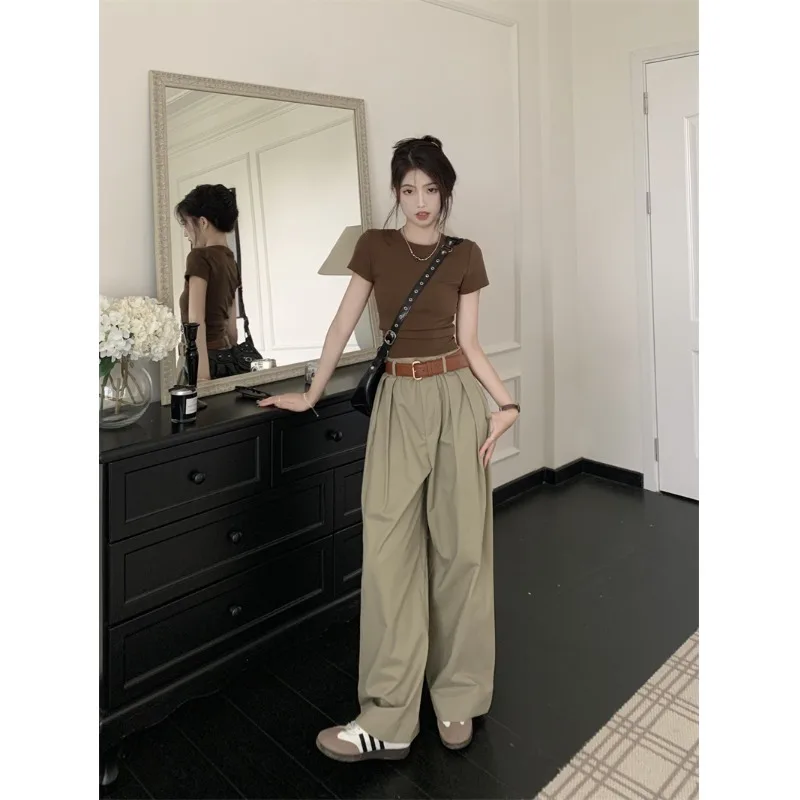 

Retro Khaki Casual Pants Women's High Waist Drapey Pleated Slimming Summer New Style 2026 Elegant Straight Leg Trousers