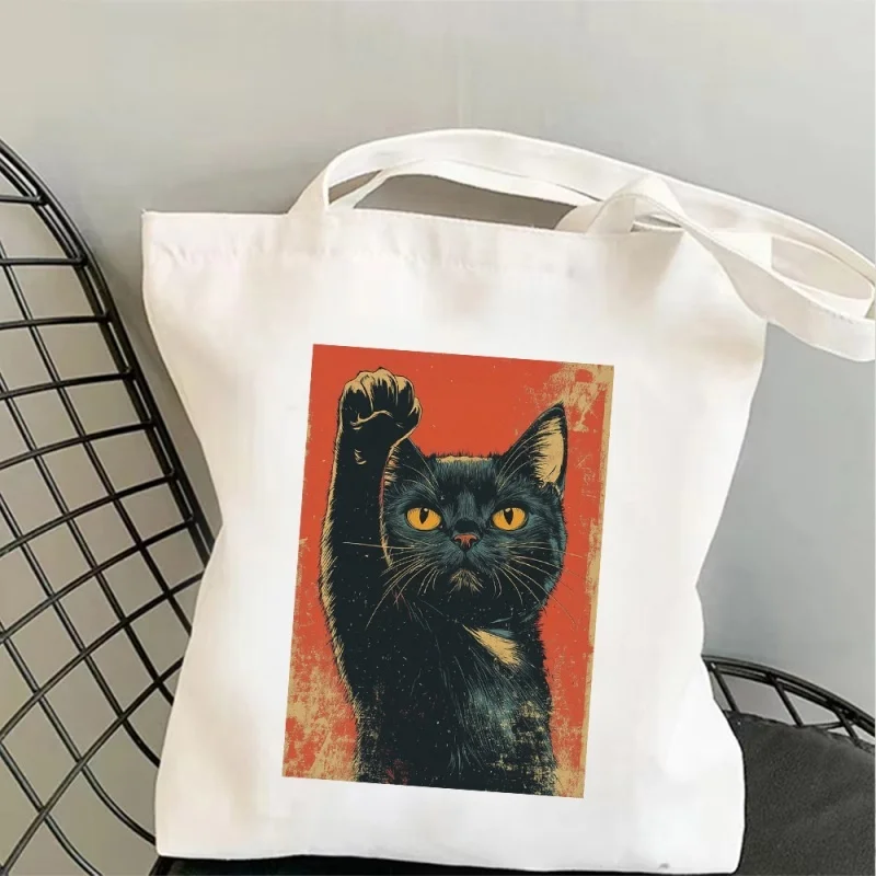 Retro Cat Canvas Bag Tote Bag Shoulder Bag Handbag Vintage Print Red Background Gift for Students Men Women Teens Students