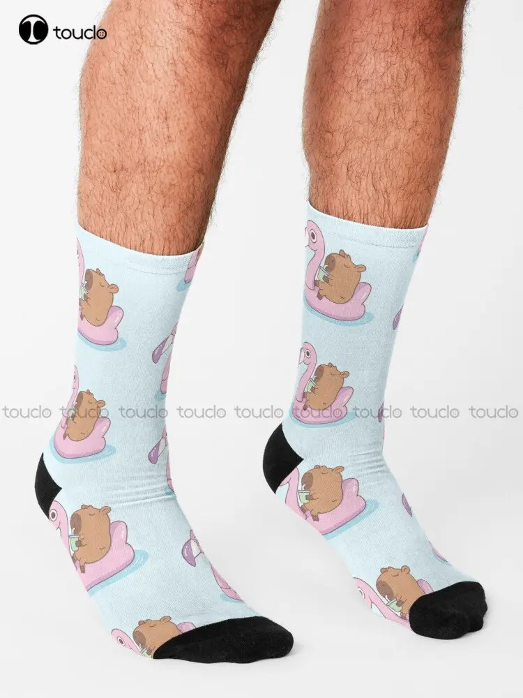 Cute Capybara Chilling On Pink Flamingo Pool Float Socks Cute Socks Personalized Custom Unisex Adult Teen Youth Socks Streetwear