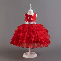 Red girl fluffy mesh sequin cake dress sleeveless Kids party dress  for 2 to 10 years child holiday clothing