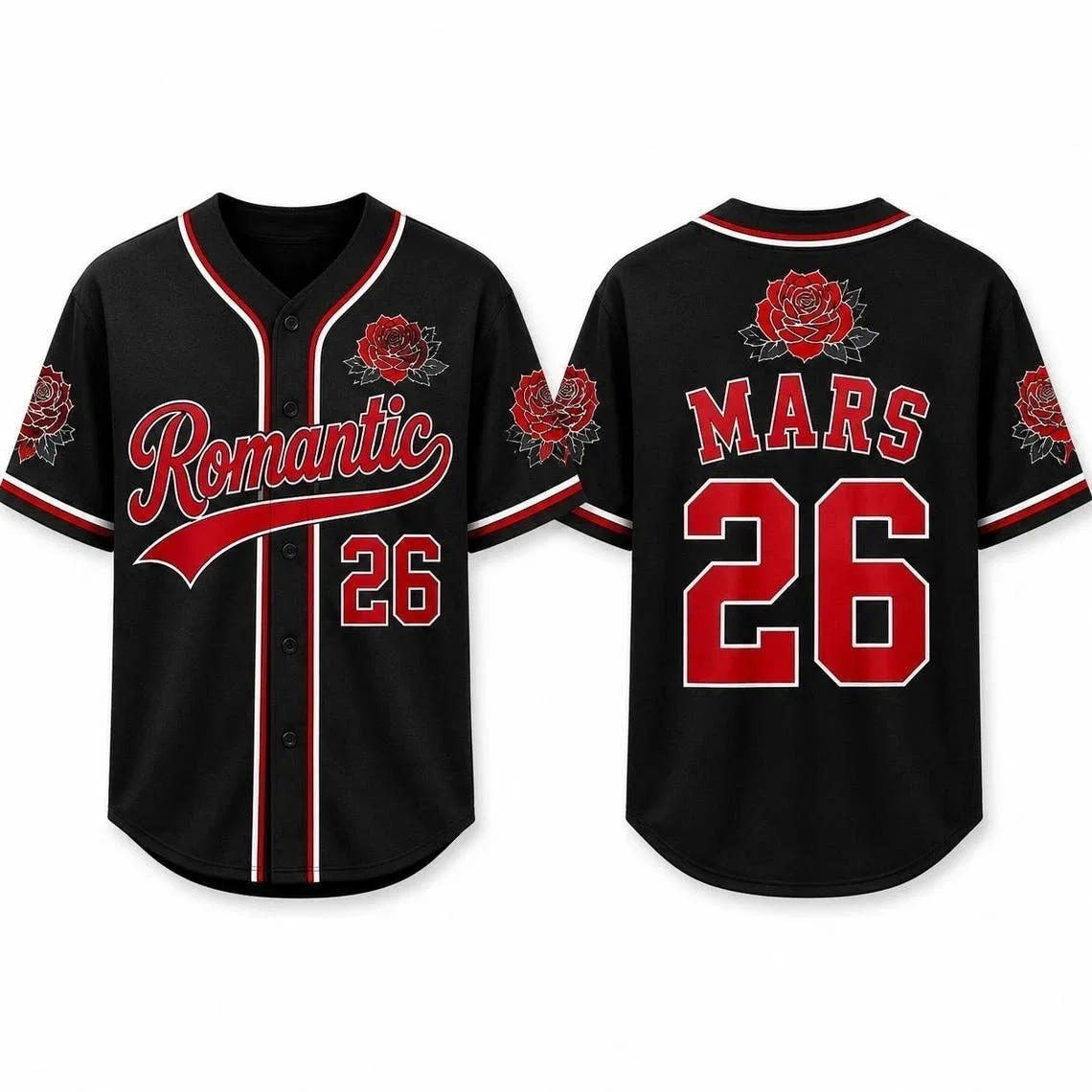 Men Romantic Mars 26 Rose Print Baseball Jersey, Short Sleeve Button Down Hip Hop Baseball Shirt, Streetwear Uniform Top for Con