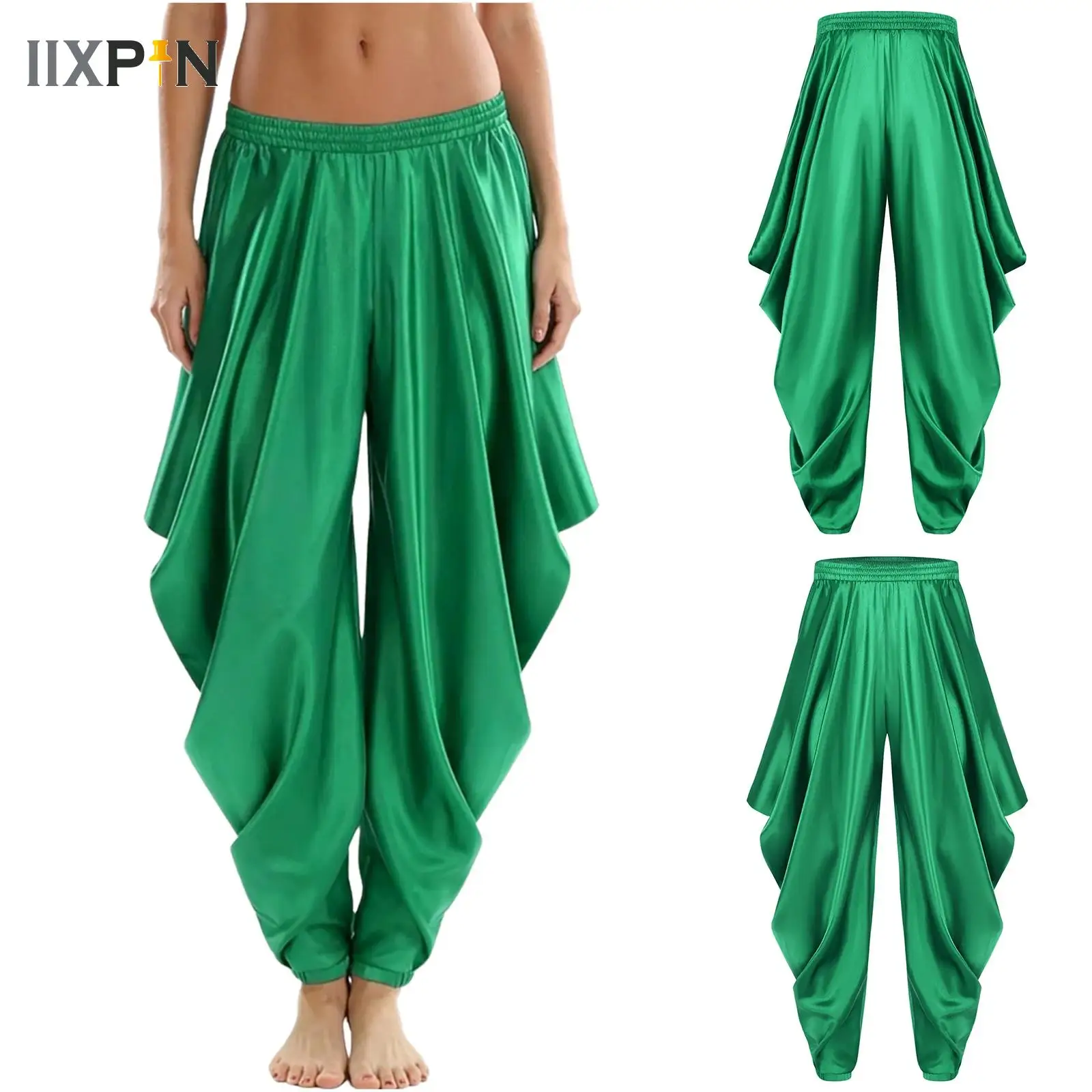 

Womens Arabian Princess Costume Satin Dhoti Pants Draped Baggy Belly Dance Costume Adult Halloween Carnival Cosplay Trousers