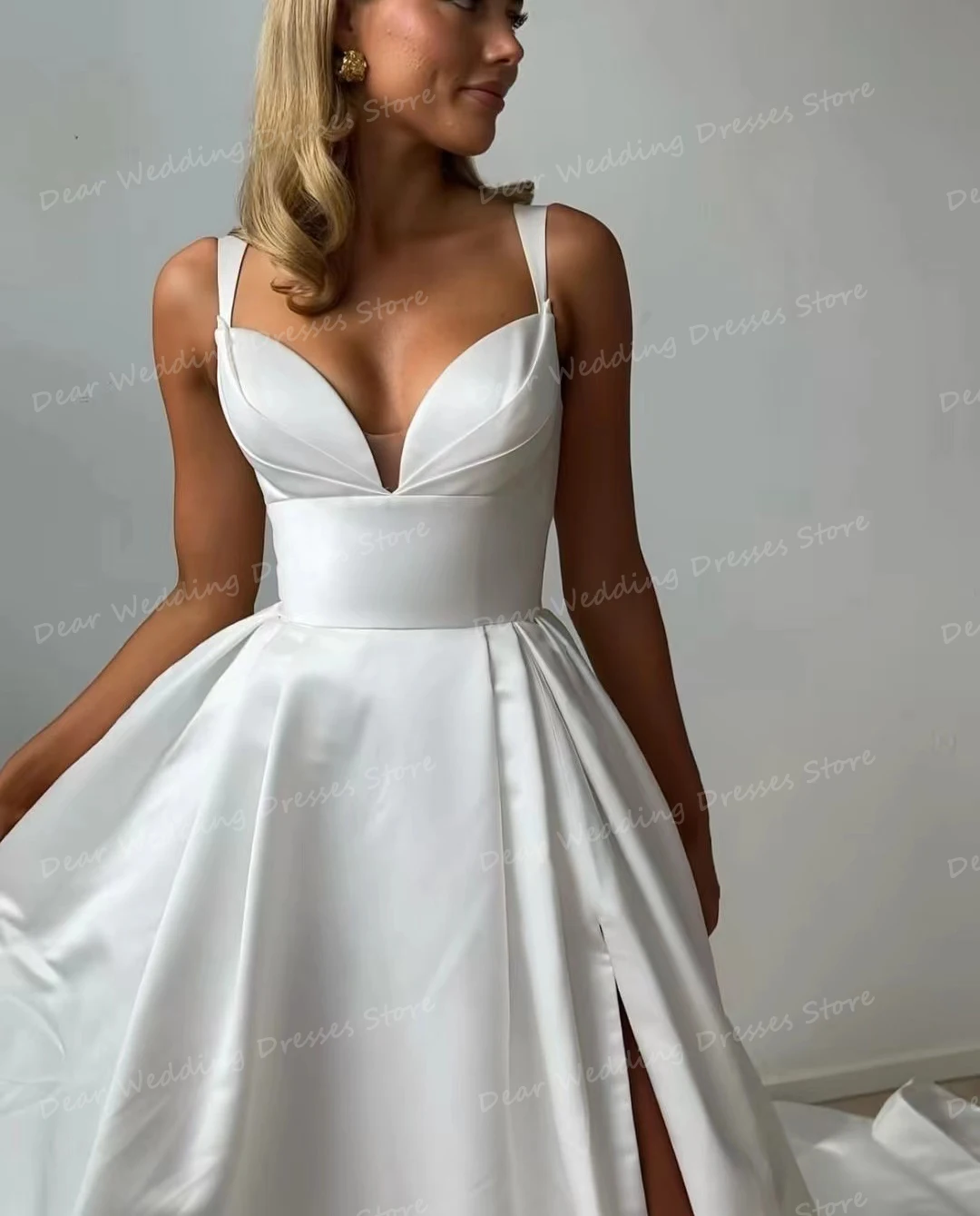 Einfache Brautkleider mit V-Ausschnitt eine Linie ärmellose Brautkleider für Frauen High Split elegante Satin Prinzessin Robe de Mariée Vestidos